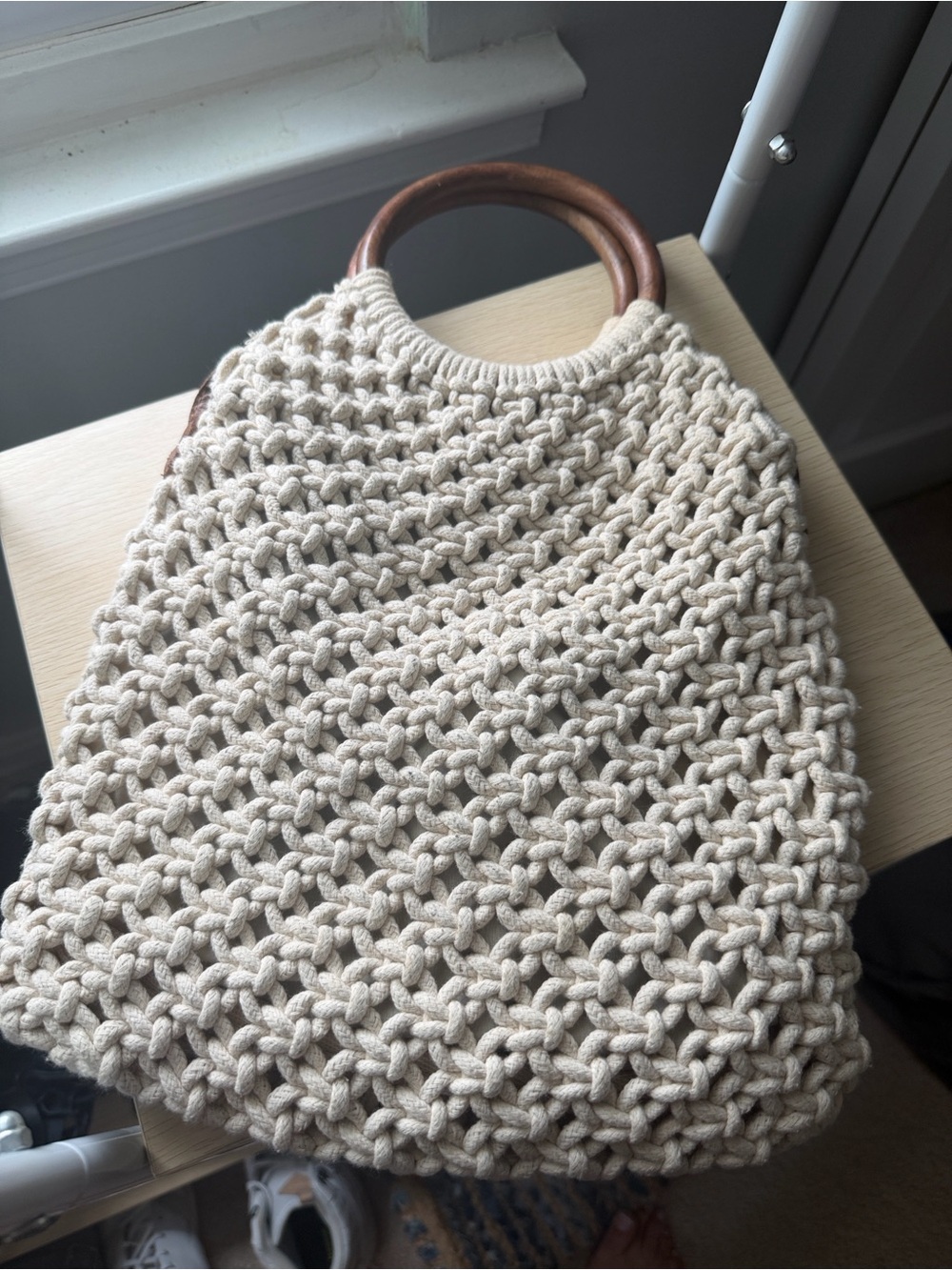 Sigrid Olsen Cream Crochet Tote with Wooden Handles